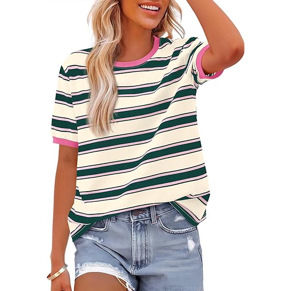 Dokotoo Summer Tops for Women Trendy Striped Color Block Easter